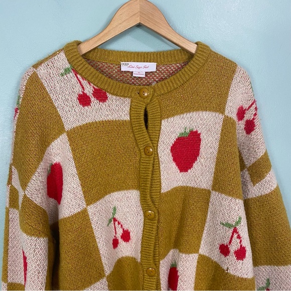 Lisa Says Gah Lauda Knit Fruit Cardigan Yellow Cherry Strawberry Plaid M & L - Picture 2 of 9
